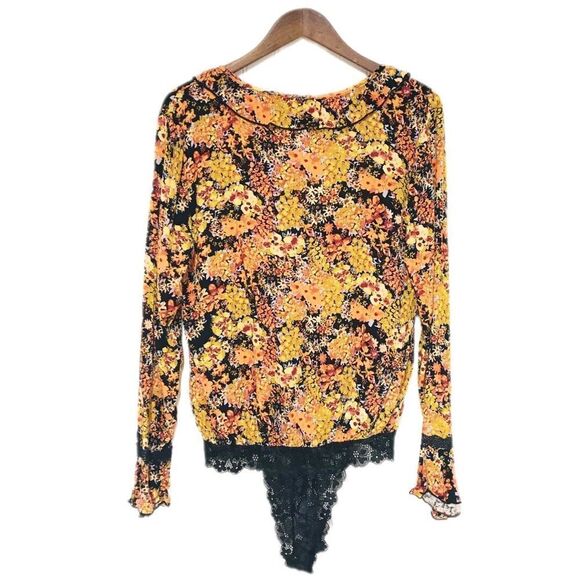 FREE PEOPLE Heat Wave Floral Long Sleeve Thong Bodysuit V-Neck Orange‎ Black New - Picture 4 of 14